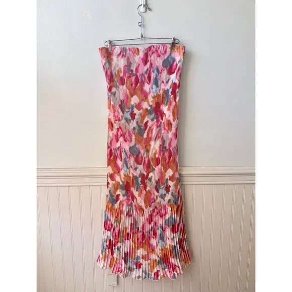 NWT A&F Giselle Pleat Release Satin Midi Dress Pink Pattern Multicolor Medium - Picture 6 of 15